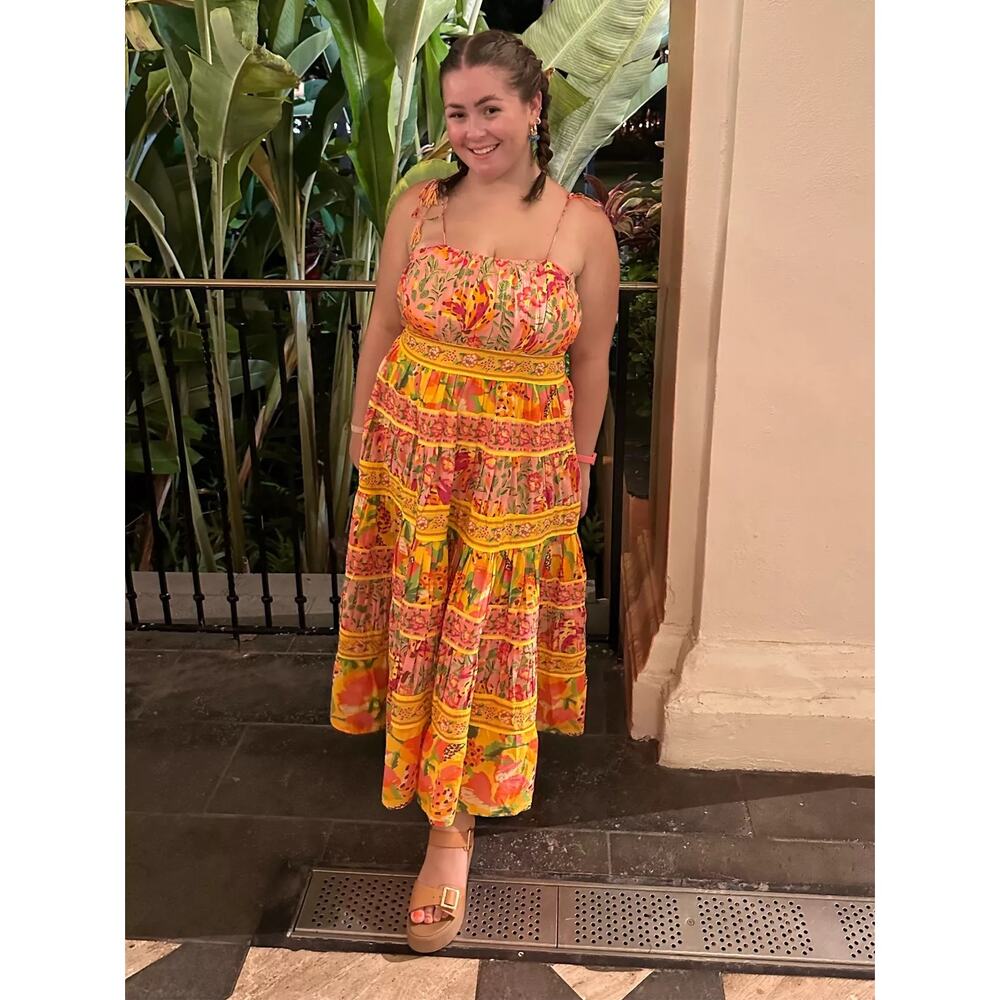 FARM Rio Yellow Pink Floral Tiered Midi Dress - Picture 6 of 12